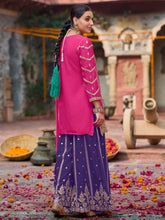 Pink Embroidered Straight Kurta Palazzos With Dupatta Set